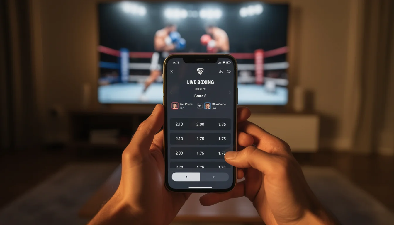 Scommesse live sulla boxe da smartphone con interfaccia di betting mobile durante un incontro di pugilato